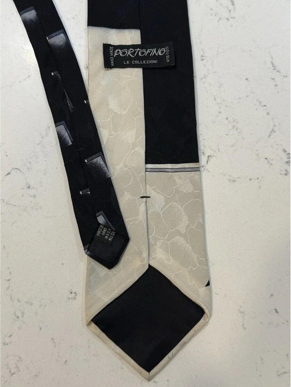 Portofino le Collezioni 100% Silk Tie Geometric Made In USA Black Silver White